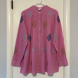 J. Jill Women's Lightweight L/S Pink Embroidered Button-Front Tunic Shirt Top L